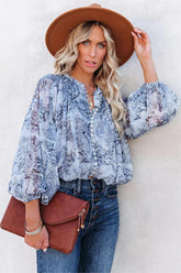 Blue With Bliss Printed Button Down Crop Blouse