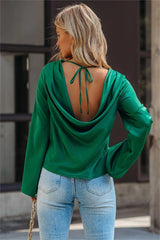 Booked Solid Satin Cowl Neck Blouse - Green