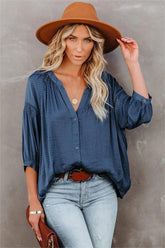 Carla Embossed Button Down Blouse - Blue