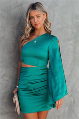 Caydan Satin One Shoulder Cutout Dress - Teal - FINAL SALE