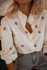 White Floral Trim Button Down Shirt