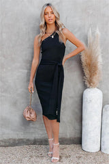 Cyndy One Shoulder Ribbed Tie Midi Dress - Black