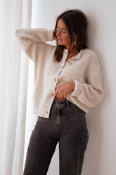 Beige Fuzzy Knit Buttoned Cardigan