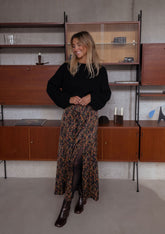 Black Floral Side Slit Midi Skirt