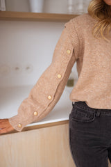 Beige Buttoned Sleeves Knit Sweater