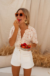 Peach Floral Short Sleeves Blouse
