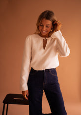 White Snap Button Neckline Blouse