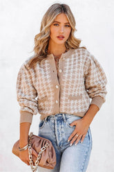 Light Khaki Houndstooth Print Cardigan