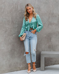 Davi Satin Tie Front Crop Blouse - Seafoam