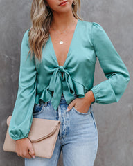 Davi Satin Tie Front Crop Blouse - Seafoam