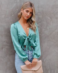 Davi Satin Tie Front Crop Blouse - Seafoam