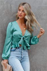 Davi Satin Tie Front Crop Blouse - Seafoam