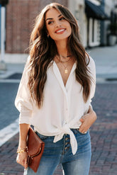 Attention To Detail Button Down Tie Blouse - White - FINAL SALE