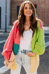 Green Colorblocked Open Front Cardigan