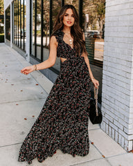 Charlotta Floral Ruffle Cutout Maxi Dress - Black - FINAL SALE