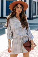 Jairo Pocketed Striped Button Down Romper - Chambray