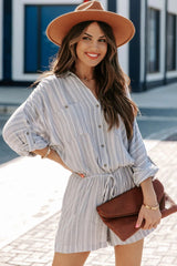 Jairo Pocketed Striped Button Down Romper - Chambray