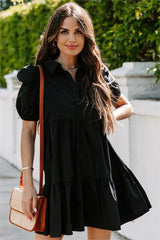 Aliza Cotton Button Down Babydoll Dress - Black