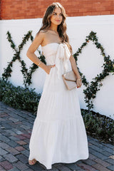 Hattie Strapless Pocketed Tie Front Maxi Dress - Bamboo Cream