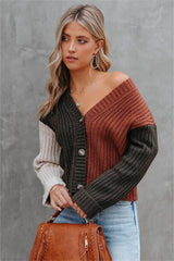 Francesco Ribbed Button Front Colorblock Cardigan - Deep Olive