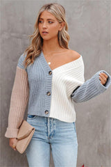 Francesco Ribbed Button Front Colorblock Cardigan - Grey