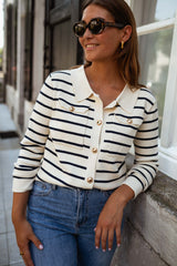 White Black Striped Cardigan Jacket
