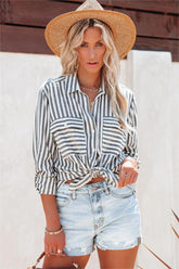 Greenport Cotton Blend Striped Button Down Top - Asphalt