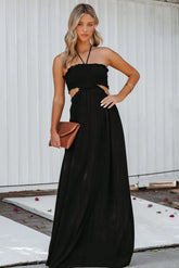 Hit The Beach Smocked Halter Maxi Dress - Black