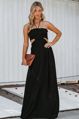 Hit The Beach Smocked Halter Maxi Dress - Black