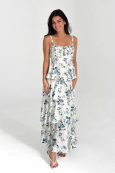 Blue Floral Tiered Midi Dress