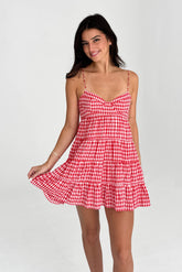 Red Gingham Print Mini Dress