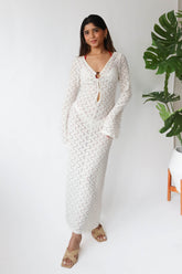 White Crochet Knit Long Sleeves Cover Up Dress