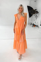 Orange V Neckline Solid Maxi Dress