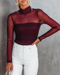 Irresistible Me Mock Neck Sheer Ruched Bodysuit - Merlot