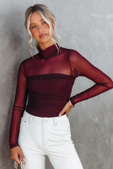 Irresistible Me Mock Neck Sheer Ruched Bodysuit - Merlot