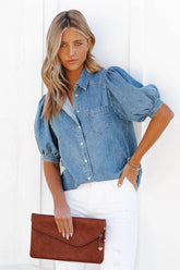 Jen Puff Sleeve Denim Button Down Top - Medium Indigo