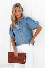 Jen Puff Sleeve Denim Button Down Top
