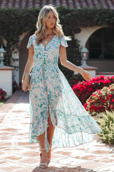 Kayan Palm Print Button Down Smocked Maxi Dress