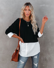 Kiersten Cotton Contrast Poplin Knit Top - Black