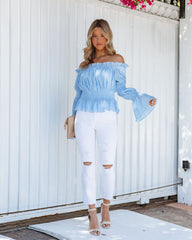 Kim Polka Dot Off The Shoulder Blouse - Powder Blue