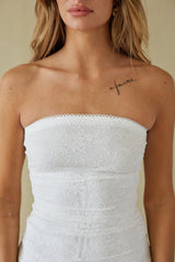 White Lace Ruched Bandeau Mini Dress