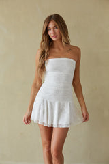 White Lace Ruched Bandeau Mini Dress