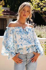 Leona Floral Off The Shoulder Top - Ivory Blue