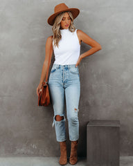 Lissa Sleeveless Mock Neck Ribbed Top - White