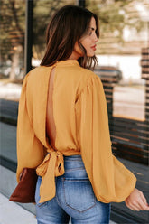 Marquee Mock Neck Billowed Blouse - Mustard