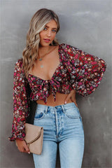 Red My Floral Tie Front Crop Blouse