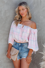 Prisha Cotton Plaid Off The Shoulder Top