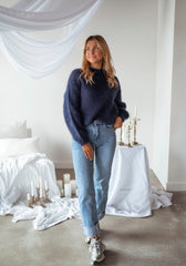 Navy Blue Fuzzy Knit Sweater
