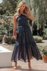 Remarkable Metallic Detailed Halter Midi Dress - Navy - FINAL SALE