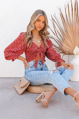 Red Floral Smocked Tie Front Crop Top